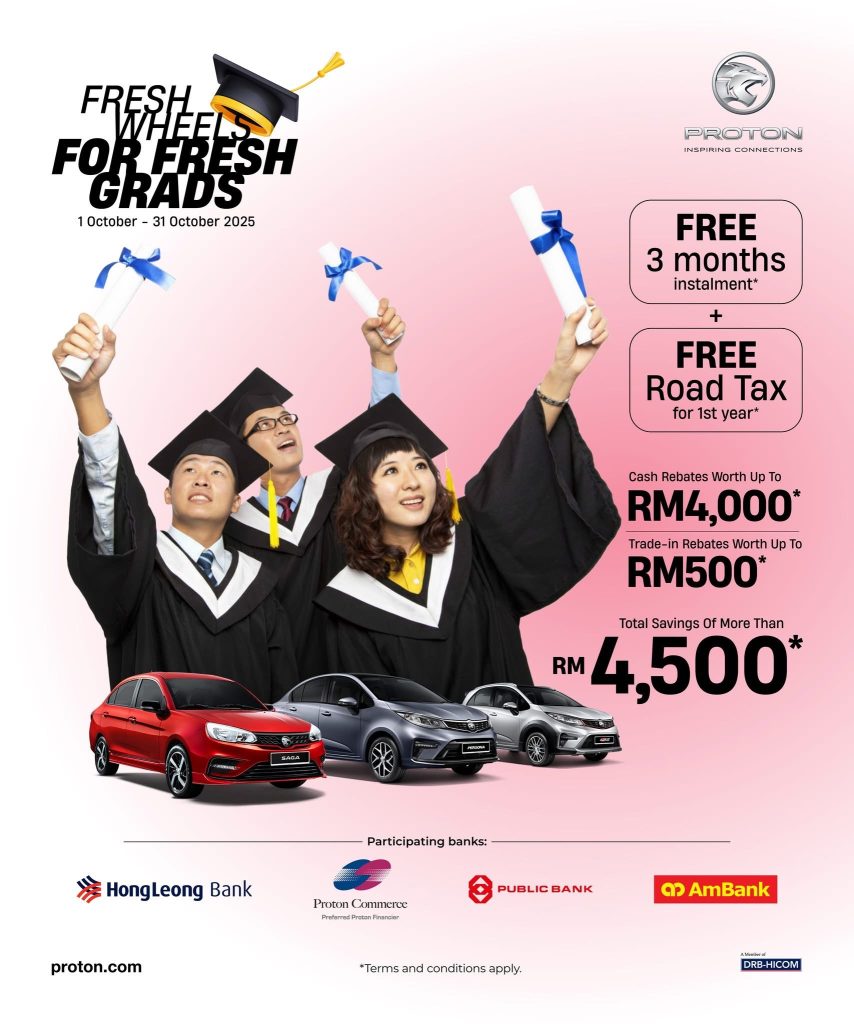 Graduan muda bergembira bersama model Proton Saga, Persona, dan Iriz dalam kempen “Fresh Wheels For Fresh Grads 2025” dengan tawaran rebat tunai dan ansuran percuma.