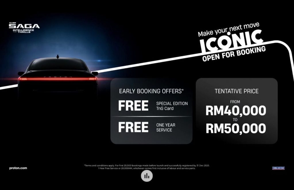 Poster promosi rasmi All-New Proton Saga MC3 2025 dengan tawaran tempahan awal dan harga anggaran antara RM40,000 hingga RM50,000