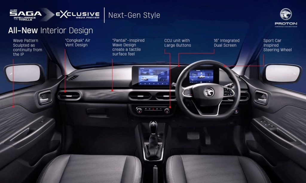 Bahagian dalaman Proton Saga MC3 2025 dengan skrin dwi-paparan 16 inci dan rekaan “Pantai” beralun