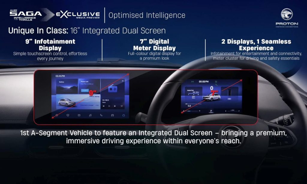 Paparan dwi skrin 16 inci Proton Saga MC3 2025 dengan paparan digital 9 inci infotainmen dan 7 inci meter kluster