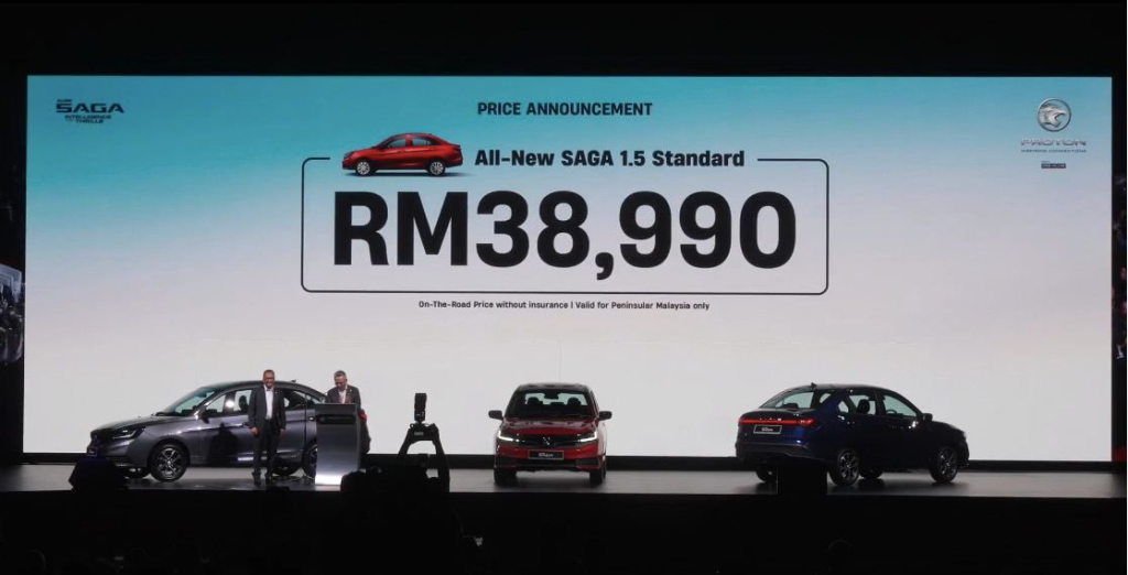 Pengumuman harga All-New Proton Saga 1.5 Standard RM38,990 di majlis pelancaran rasmi Proton di Malaysia