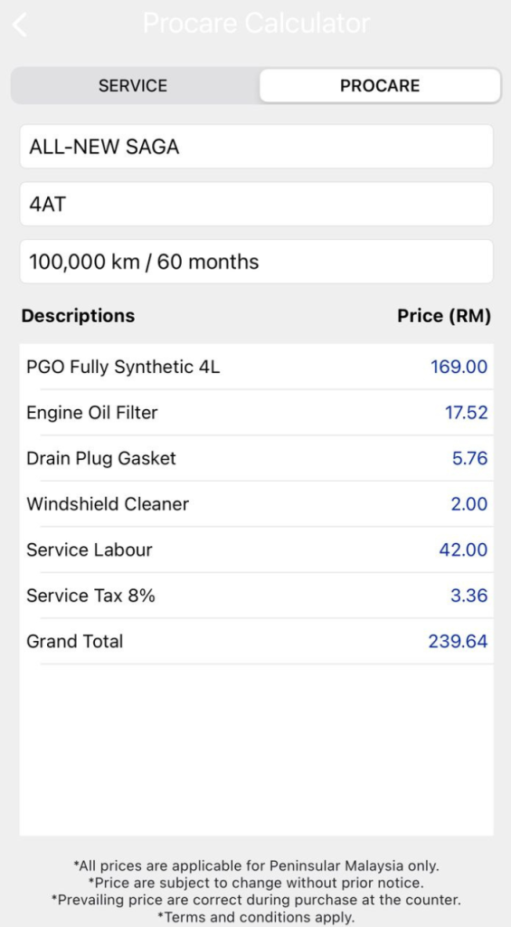 Paparan Procare Calculator Proton Saga MC3 100,000km menunjukkan kos servis RM239.64 bagi transmisi automatik 4AT