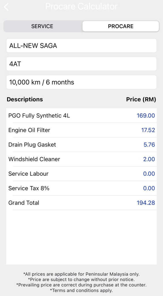 Paparan Procare Calculator Proton Saga MC3 10,000km menunjukkan kos servis berkala RM194.28 untuk transmisi automatik 4AT