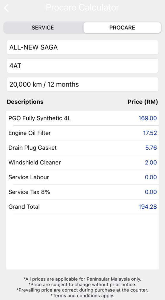 Paparan Procare Calculator Proton Saga MC3 20,000km menunjukkan kos servis berkala RM194.28 untuk transmisi automatik 4AT