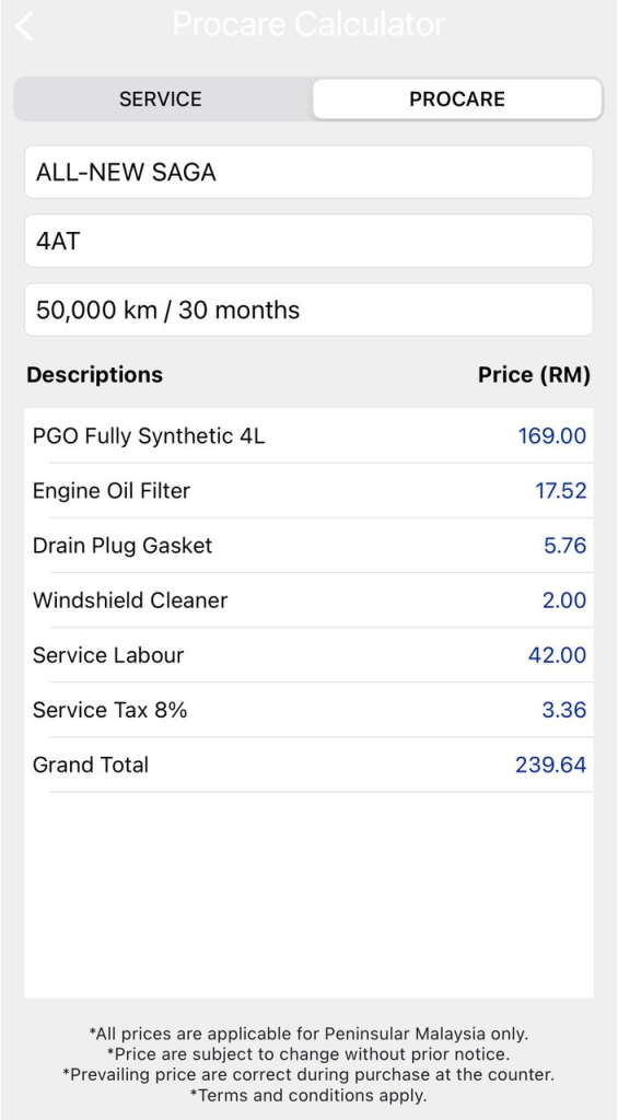 Paparan Procare Calculator Proton Saga MC3 50,000km menunjukkan kos servis berkala RM239.64 untuk transmisi automatik 4AT