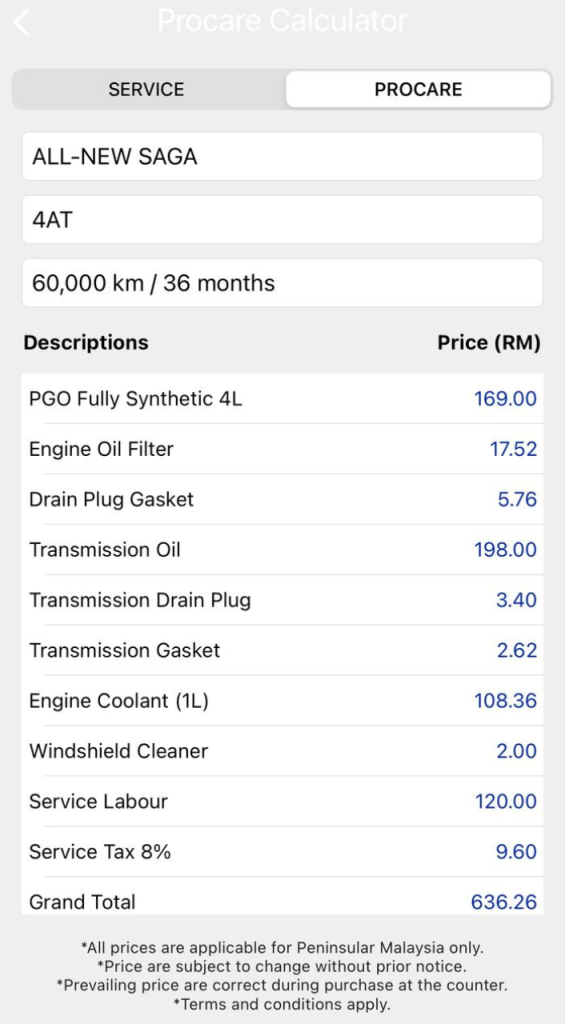 Paparan Procare Calculator Proton Saga MC3 60,000km menunjukkan kos servis besar RM636.26 bagi transmisi automatik 4AT termasuk minyak transmisi dan coolant