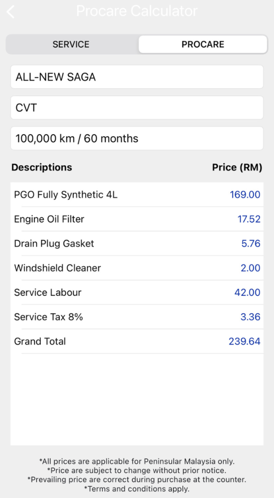Harga servis Proton Saga MC3 CVT 100,000km menggunakan Procare Calculator dengan jumlah kos RM239.64