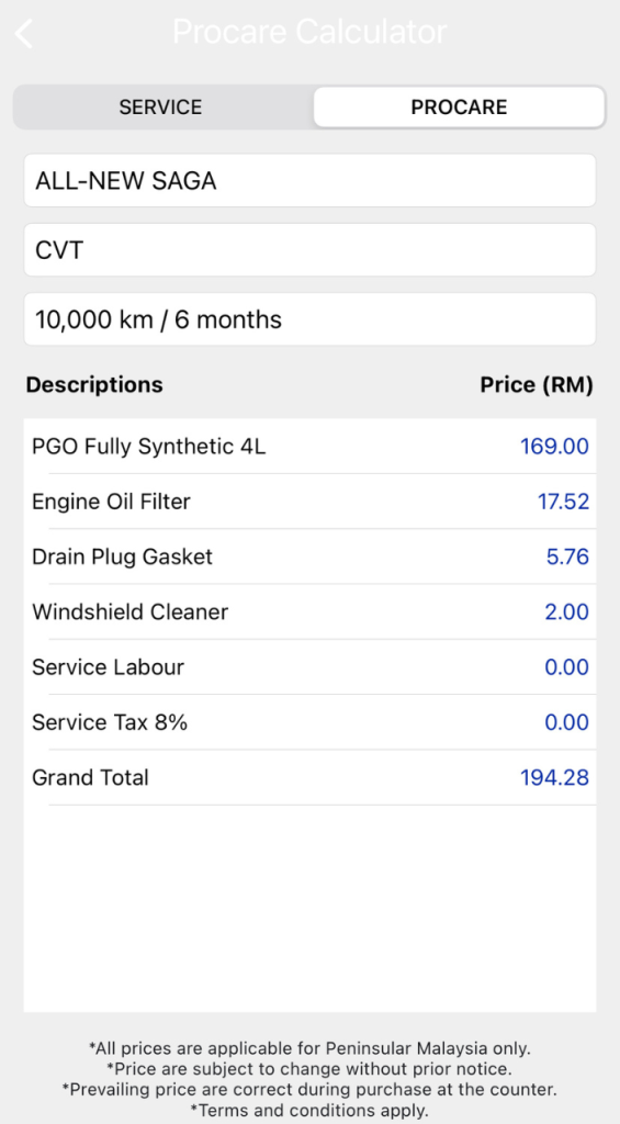 Harga servis Proton Saga MC3 CVT 10,000km menggunakan Procare dengan kos penyelenggaraan rendah di Malaysia