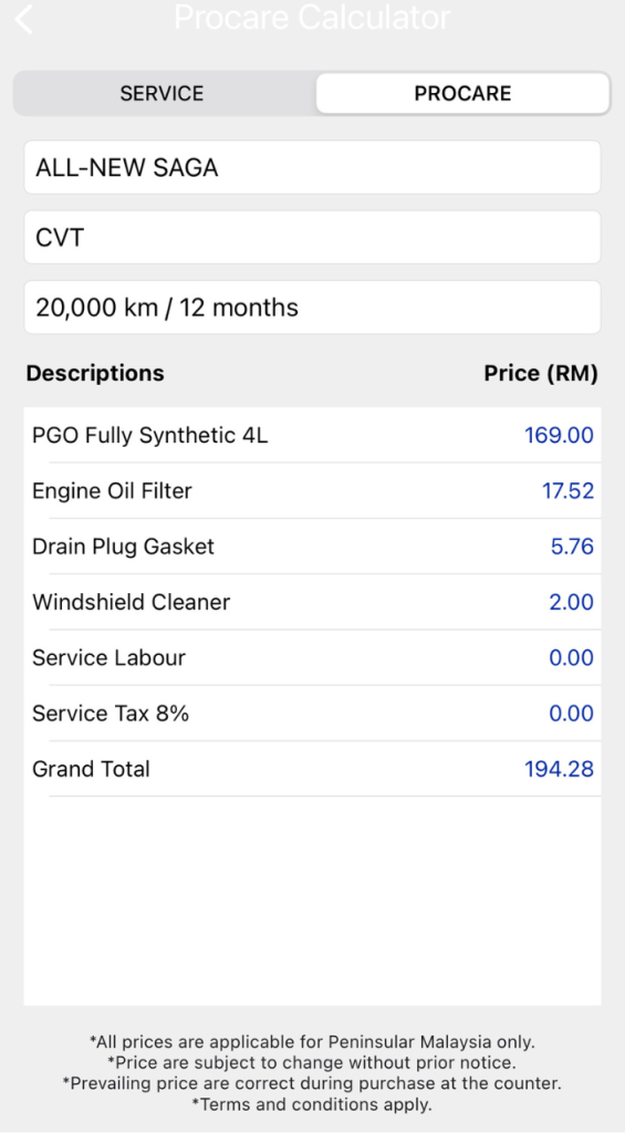 Harga servis Proton Saga MC3 CVT 20,000km menggunakan Procare dengan kos penyelenggaraan rendah di pusat servis Proton