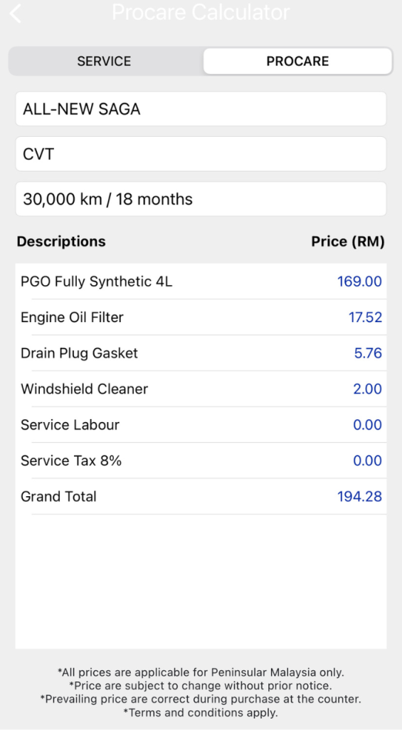 Harga servis Proton Saga MC3 CVT 30,000km melalui Procare Calculator dengan kos penyelenggaraan rendah dan konsisten