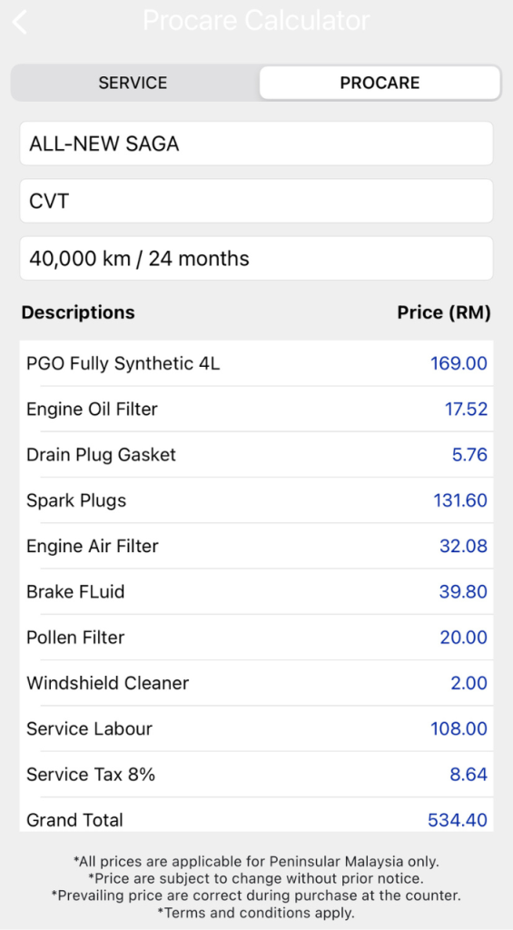 Harga servis Proton Saga MC3 CVT 40,000km melalui Procare Calculator termasuk spark plug, brake fluid dan air filter