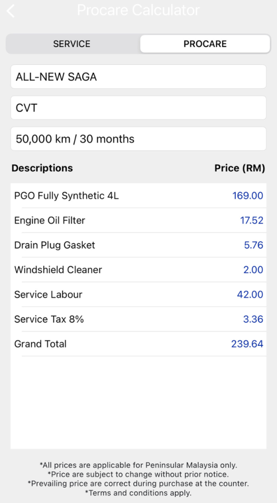 Harga servis Proton Saga MC3 CVT 50,000km menggunakan Procare Calculator dengan jumlah kos RM239.64