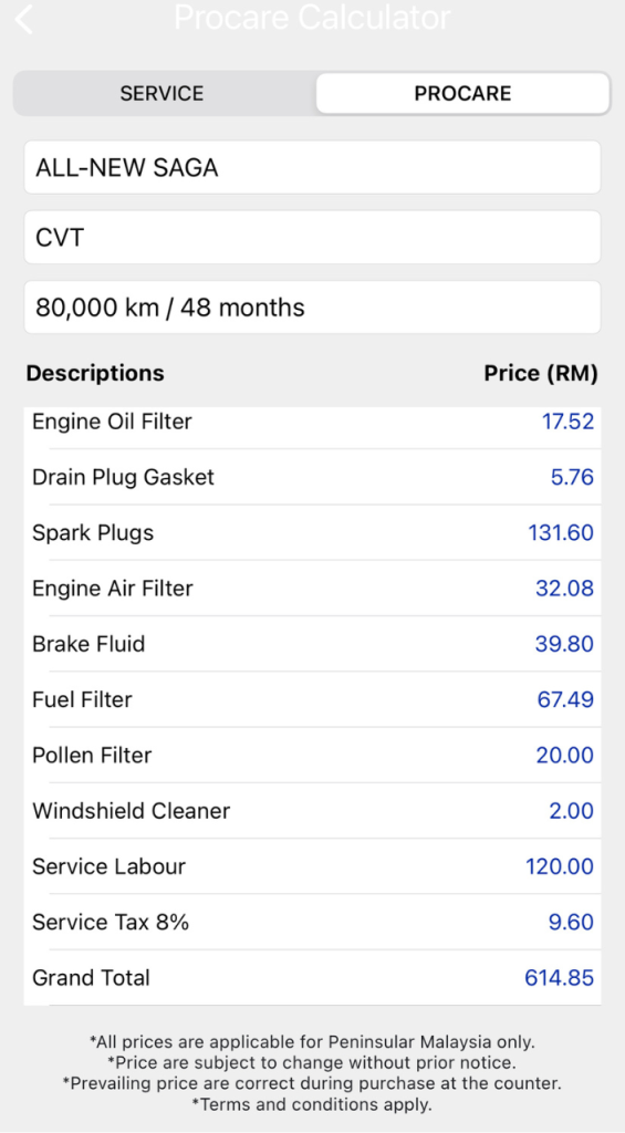 Harga servis Proton Saga MC3 CVT 80,000km menggunakan Procare Calculator dengan kos RM614.85