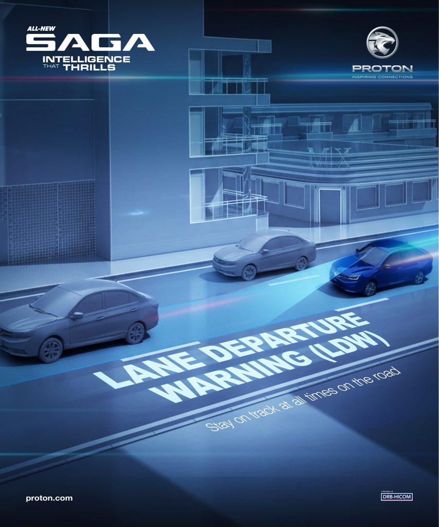 Sistem Lane Departure Warning (LDW) pada All-New Proton Saga MC3 2026 membantu mengesan pergerakan keluar lorong dan memberi amaran kepada pemandu untuk kekal di laluan.