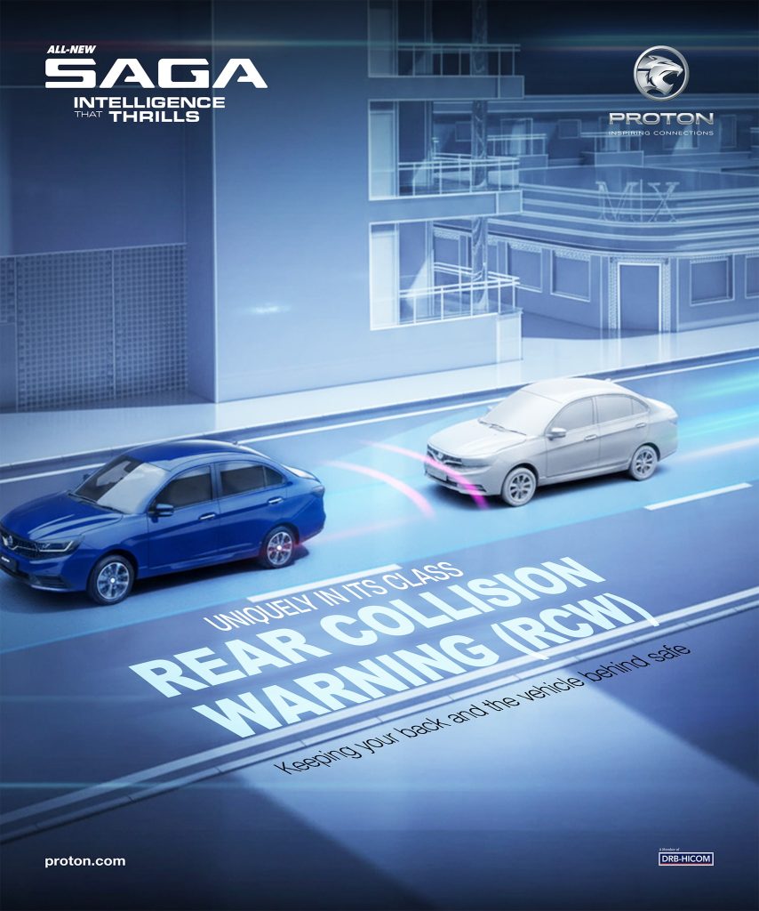 Sistem Rear Collision Warning (RCW) All-New Proton Saga MC3 2026 mengesan risiko pelanggaran dari belakang dan memberi amaran kepada pemandu untuk meningkatkan keselamatan.