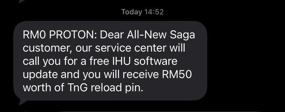 Notifikasi SMS Proton mengenai panggilan pusat servis untuk kemas kini perisian IHU percuma All-New Saga dengan insentif Touch ‘n Go RM50