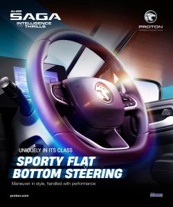 Stereng sporty flat bottom All-New Proton Saga MC3 dengan rekaan moden dan butang kawalan bersepadu