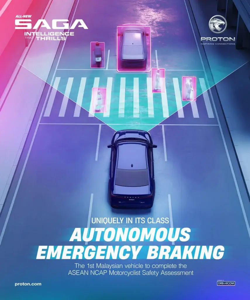 Autonomous Emergency Braking Proton Saga MC3 dengan sistem ADAS mengesan kenderaan dan pejalan kaki di lintasan zebra