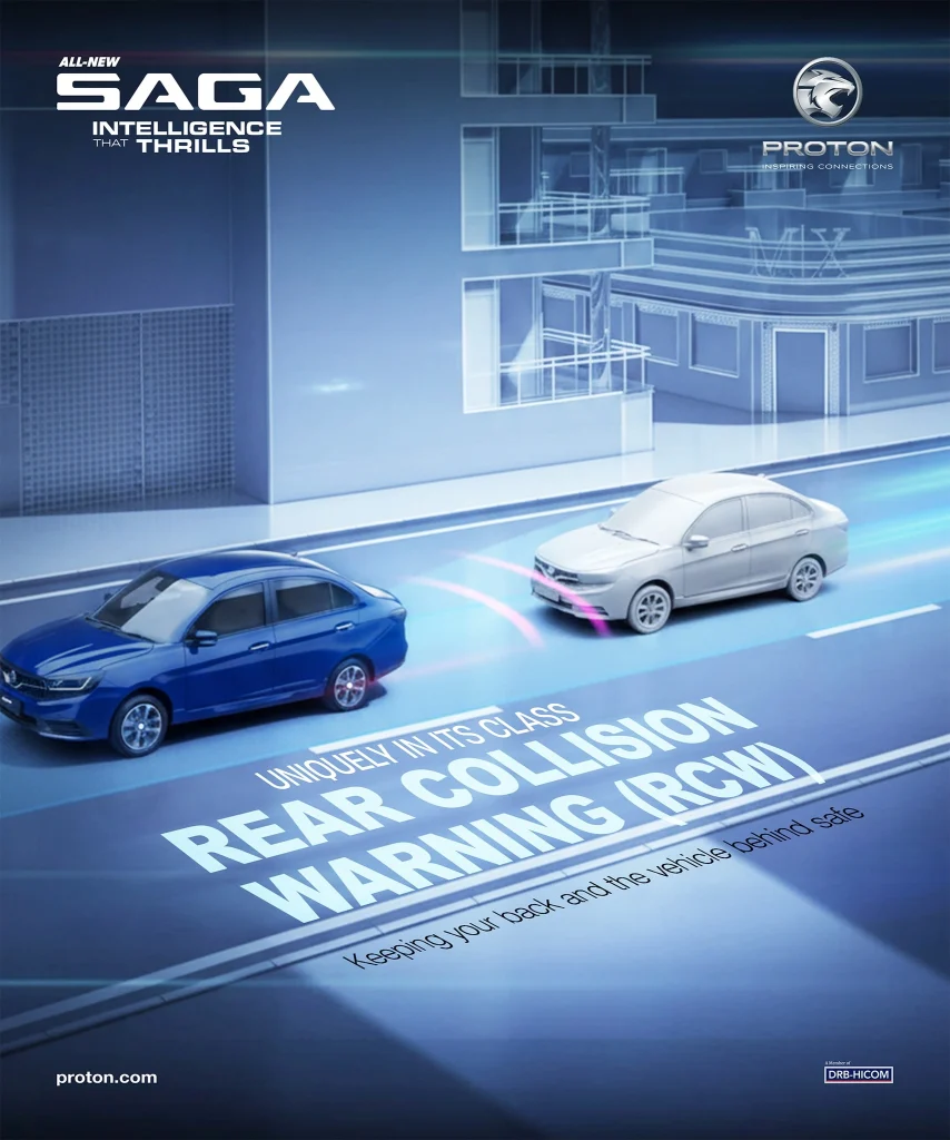 Rear Collision Warning (RCW) Proton Saga MC3 dengan sistem ADAS mengesan kenderaan di belakang dan memberi amaran risiko pelanggaran