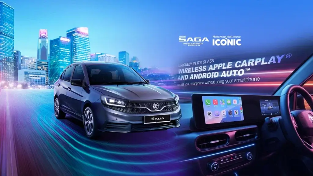 Paparan Wireless Apple CarPlay dan Android Auto pada Proton Saga MC3 dengan reka bentuk dalaman moden dan skrin infotainment pintar