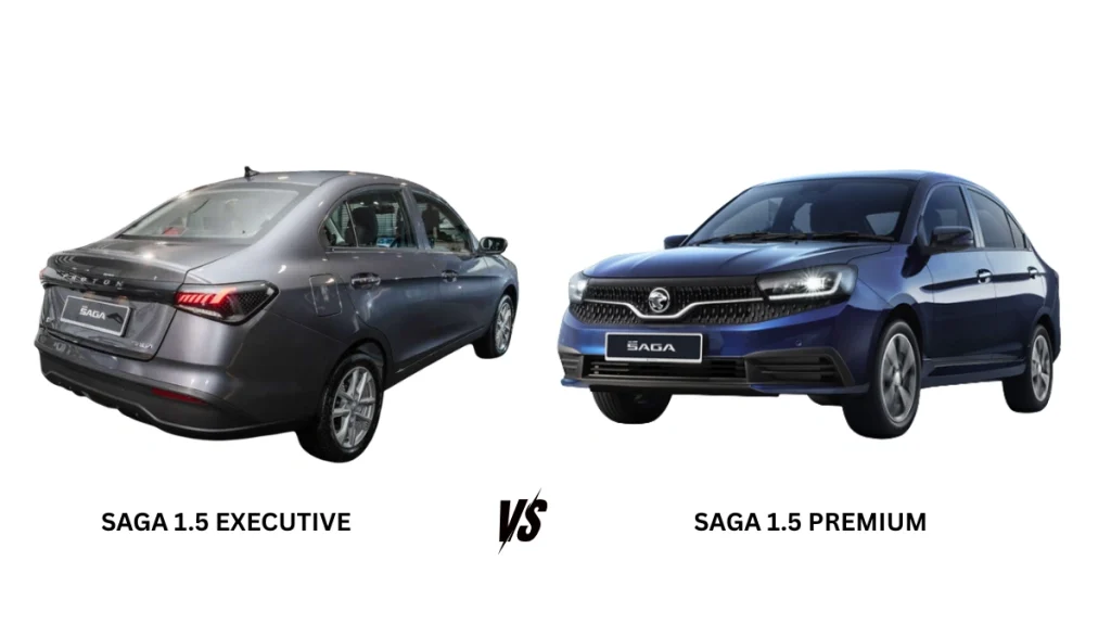 Perbandingan Proton Saga MC3 1.5 Executive vs 1.5 Premium menunjukkan reka bentuk luaran depan dan belakang kedua-dua varian sedan popular Malaysia