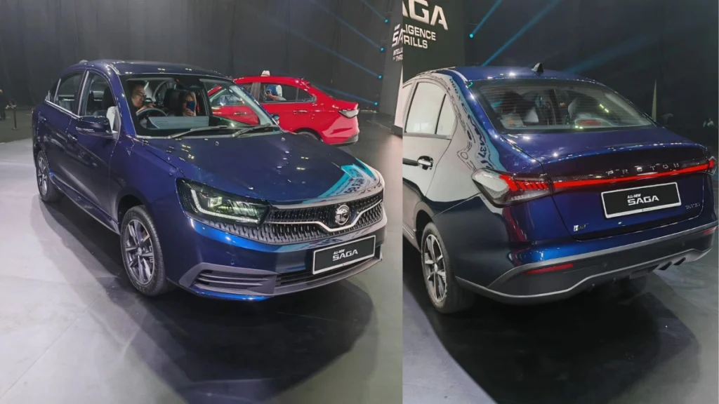 Proton Saga MC3 2026 warna biru dipamerkan dengan pandangan depan dan belakang menunjukkan reka bentuk lampu LED dan gril baharu