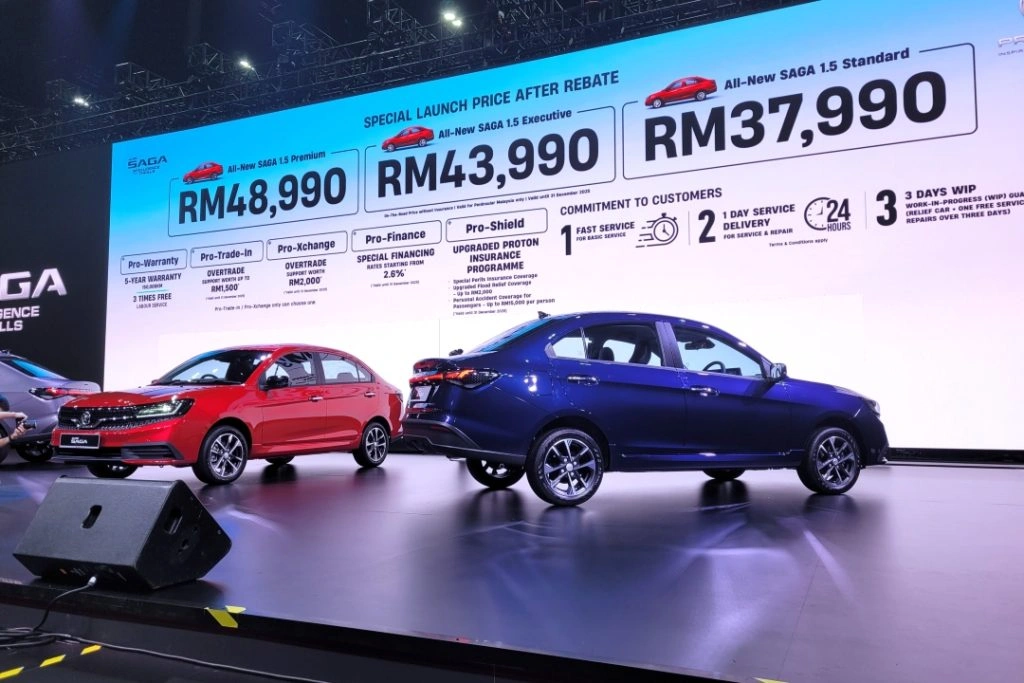 Harga Proton Saga MC3 2026 dipamerkan semasa pelancaran rasmi menunjukkan harga varian Standard, Executive dan Premium di Malaysia