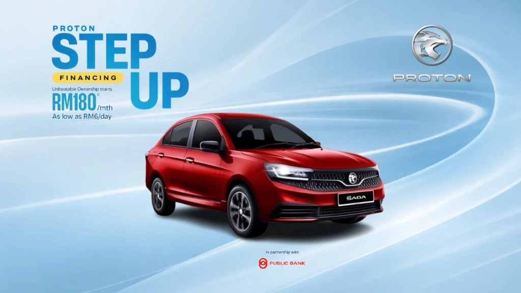 Proton Saga Step Up Financing Malaysia RM180 per month car loan promotion with red Proton Saga car