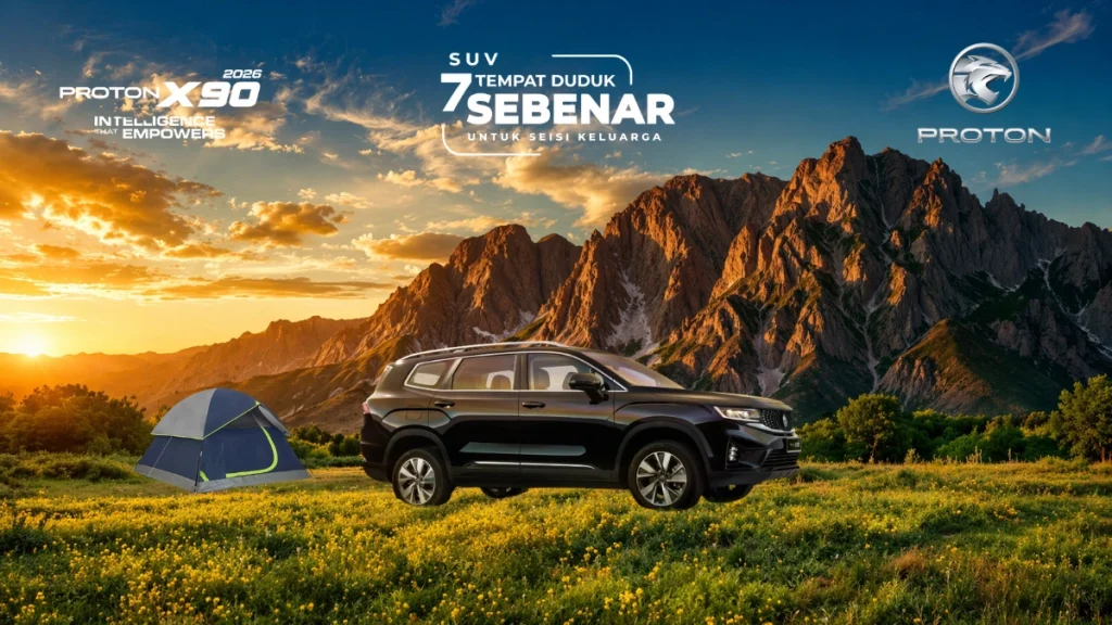Proton X90 MC1 2026 SUV 7 tempat duduk dipaparkan di kawasan pergunungan dengan pemandangan alam semula jadi sesuai untuk keluarga di Malaysia