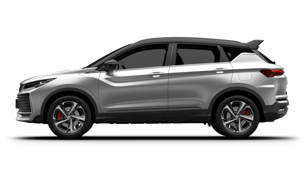 Model X50 Flagship warna silver pandangan sisi dengan bumbung hitam dan reka bentuk SUV kompak premium