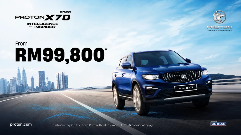 Proton X70 2026 berwarna biru dengan harga pengenalan dari RM99,800 untuk pembeli SUV Proton di Malaysia.