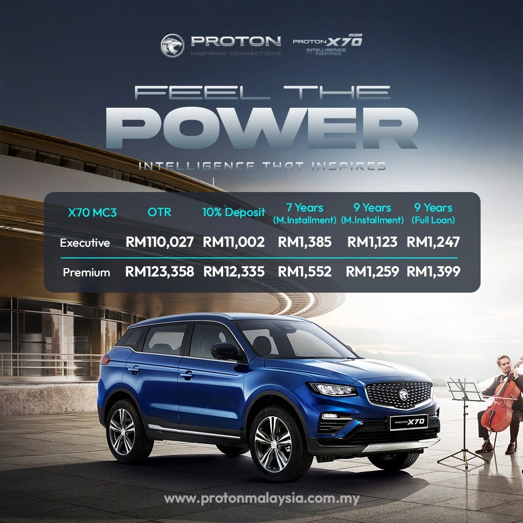 Poster Proton X70 2026 berwarna biru dengan jadual Harga Proton X70 2026 untuk varian Executive dan Premium, termasuk OTR, deposit 10% dan anggaran ansuran bulanan.