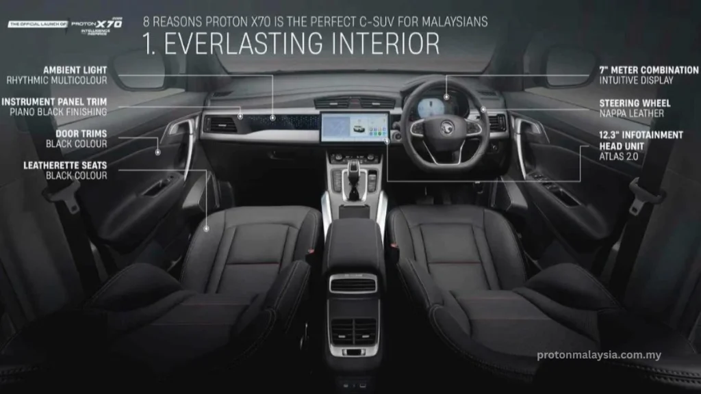Interior Proton X70 2026 dengan ambient light multicolour, kerusi leatherette hitam, stereng Nappa leather, paparan meter 7 inci dan skrin infotainment 12.3 inci.
