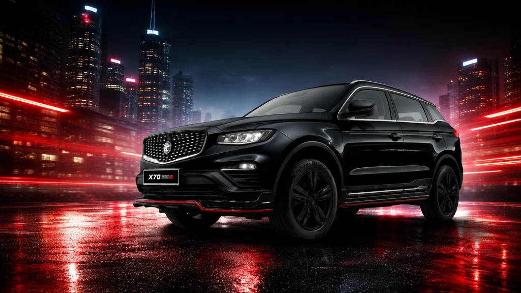Proton X70 2026 Sport Edition berwarna hitam dengan gaya SUV premium di latar bandar moden.