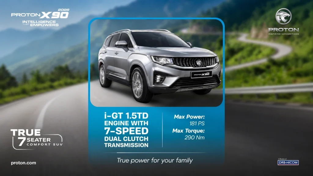 Proton X90 2026 dengan enjin i-GT 1.5TD dan transmisi 7-speed DCT dalam Promosi X90 Mei 2026 untuk SUV premium 7-seater Malaysia