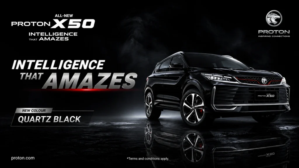 Warna Quartz Black Proton X50 yang menampilkan SUV moden dengan kemasan hitam elegan dan rekaan sporty di Malaysia