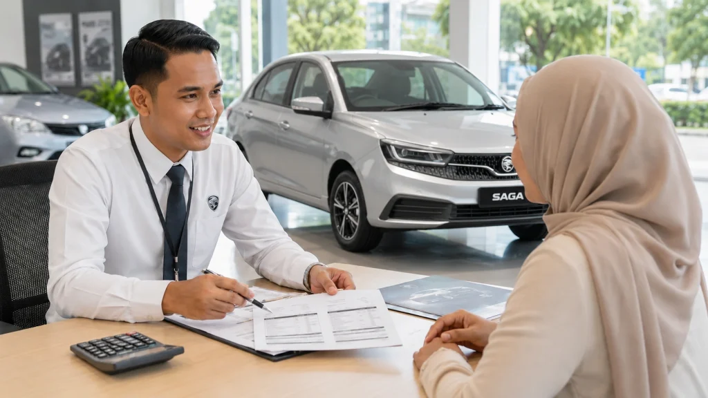 Sales Advisor menerangkan bayaran bulanan Proton Saga kepada pelanggan di showroom