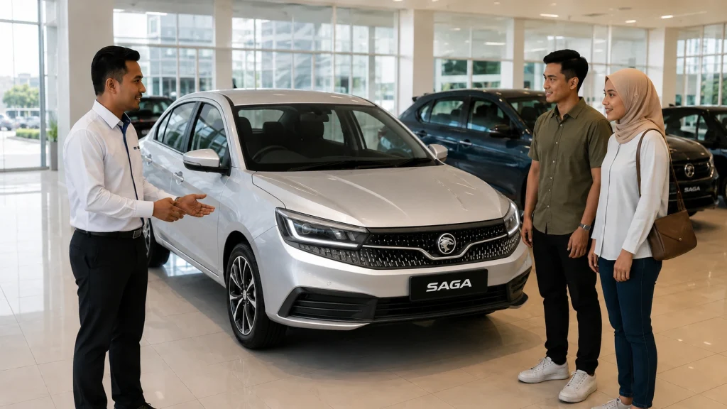 Sales Advisor menunjukkan Proton Saga kepada pasangan di showroom