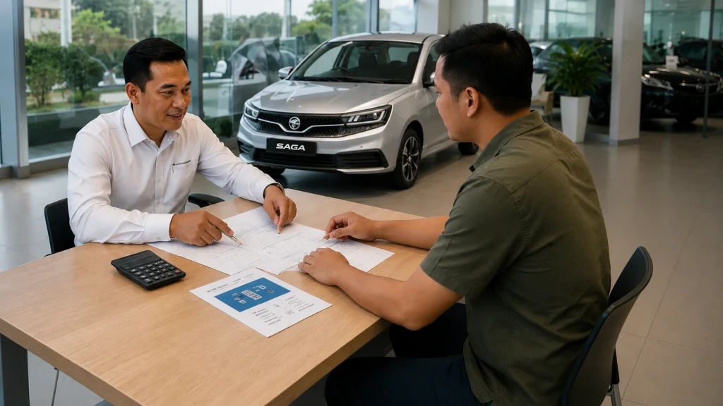 Sales Advisor berbincang tentang dokumen loan Proton Saga dengan pelanggan di showroom