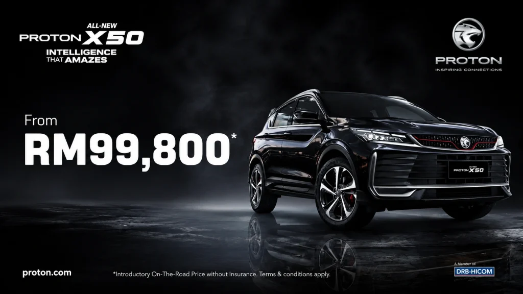 Poster Proton X50 berwarna hitam dengan harga bermula RM99,800 dan latar belakang gelap
