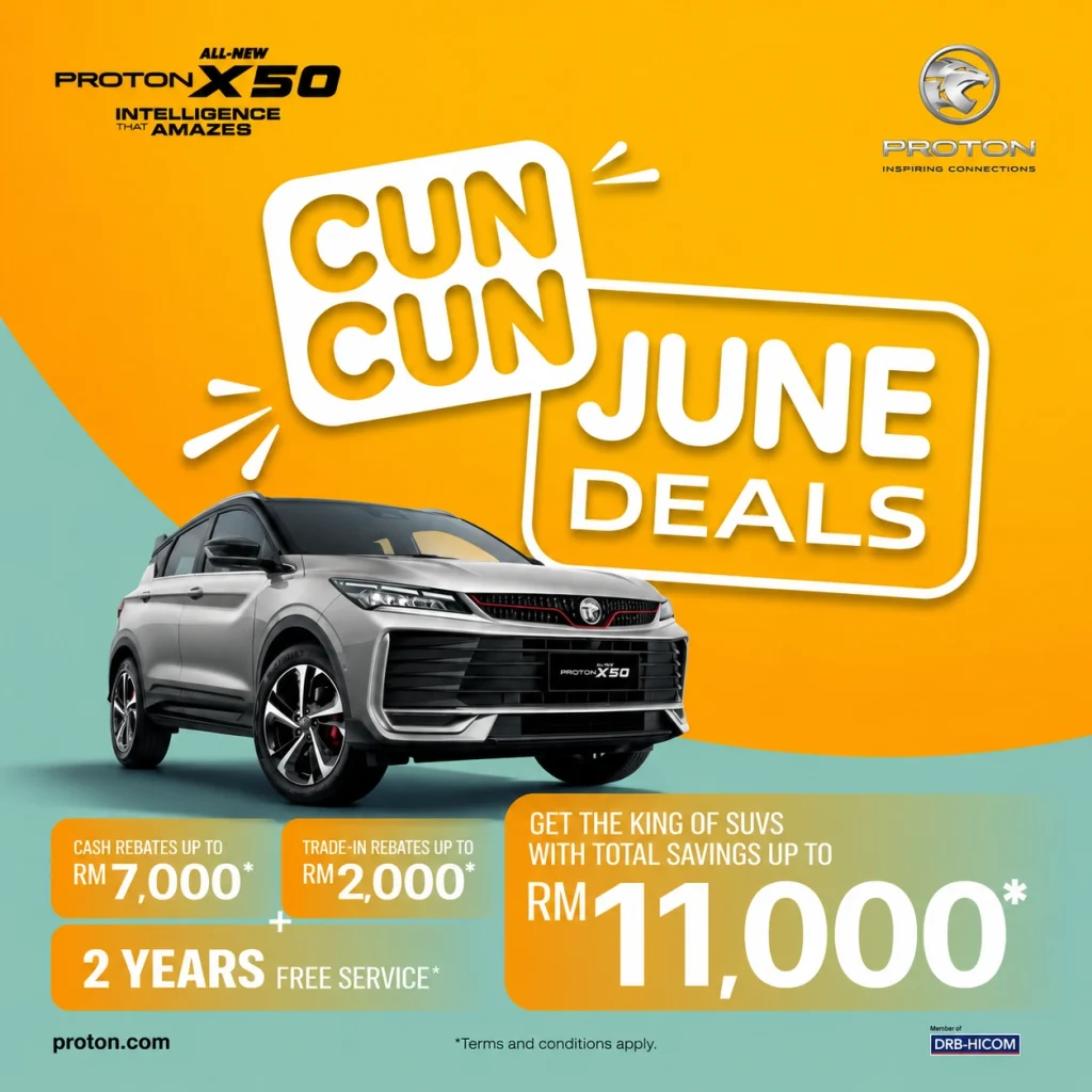 Poster June Deals Proton X50 berwarna kuning dengan tawaran rebat tunai, trade-in rebate dan servis percuma