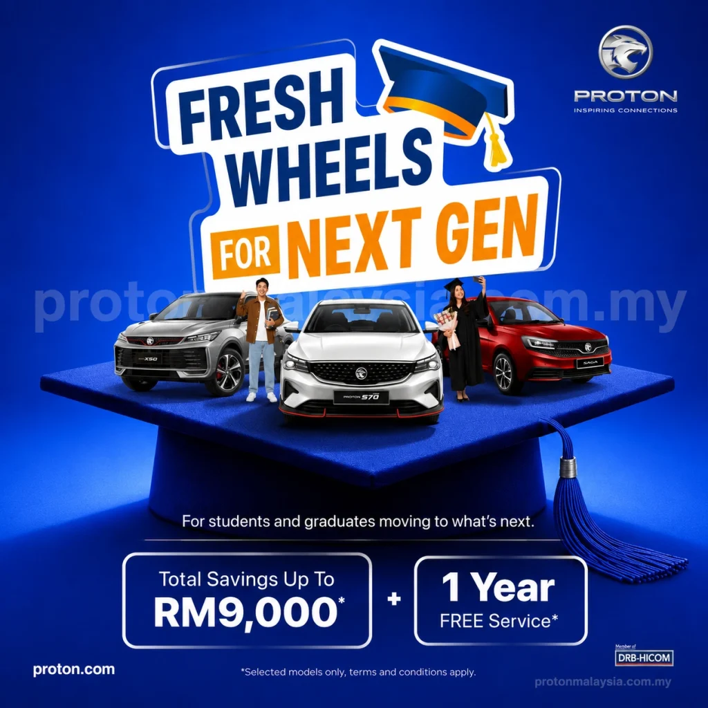 Poster Fresh Wheels for Next Gen dengan graduan dan kereta Proton