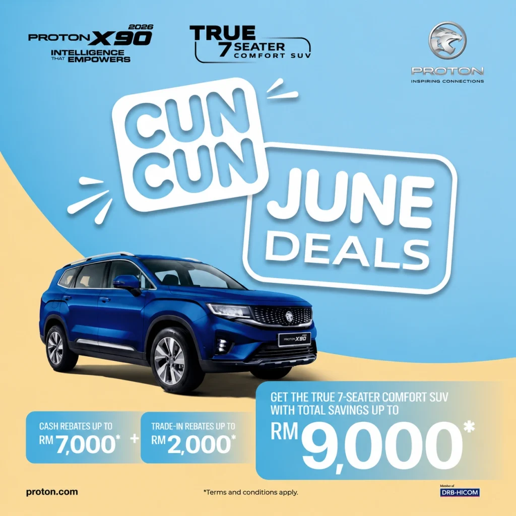Promosi Proton X90 June 2026 dengan rebat sehingga RM9000 untuk SUV 7 tempat duduk Proton X90 berwarna biru