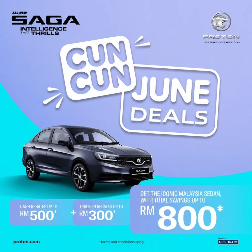 Proton Saga kelabu dalam poster Cun Cun June Deals