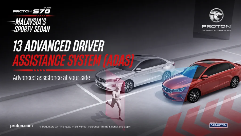 Proton S70 di laluan selekoh dengan maklumat 50L fuel tank capacity dan penggunaan bahan api 5.7L per 100km