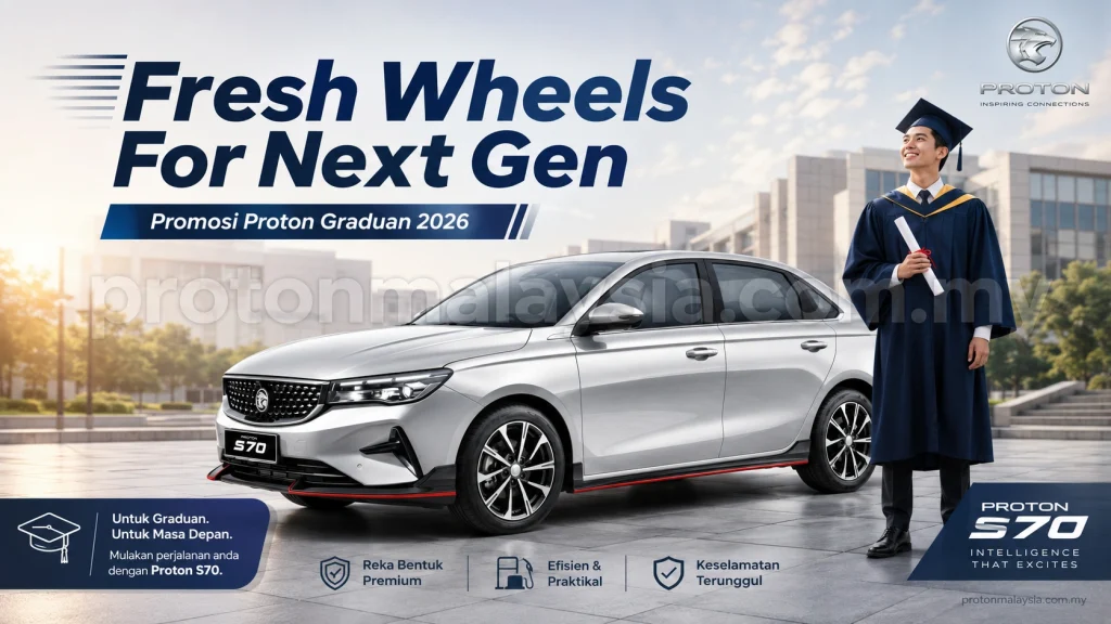 Graduan memegang skrol di sebelah Proton S70 Silver di kawasan kampus