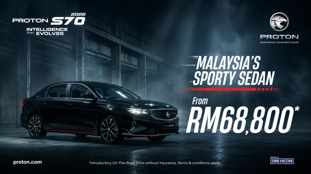 Proton S70 hitam dalam poster Malaysia’s Sporty Sedan dengan harga bermula RM68,800