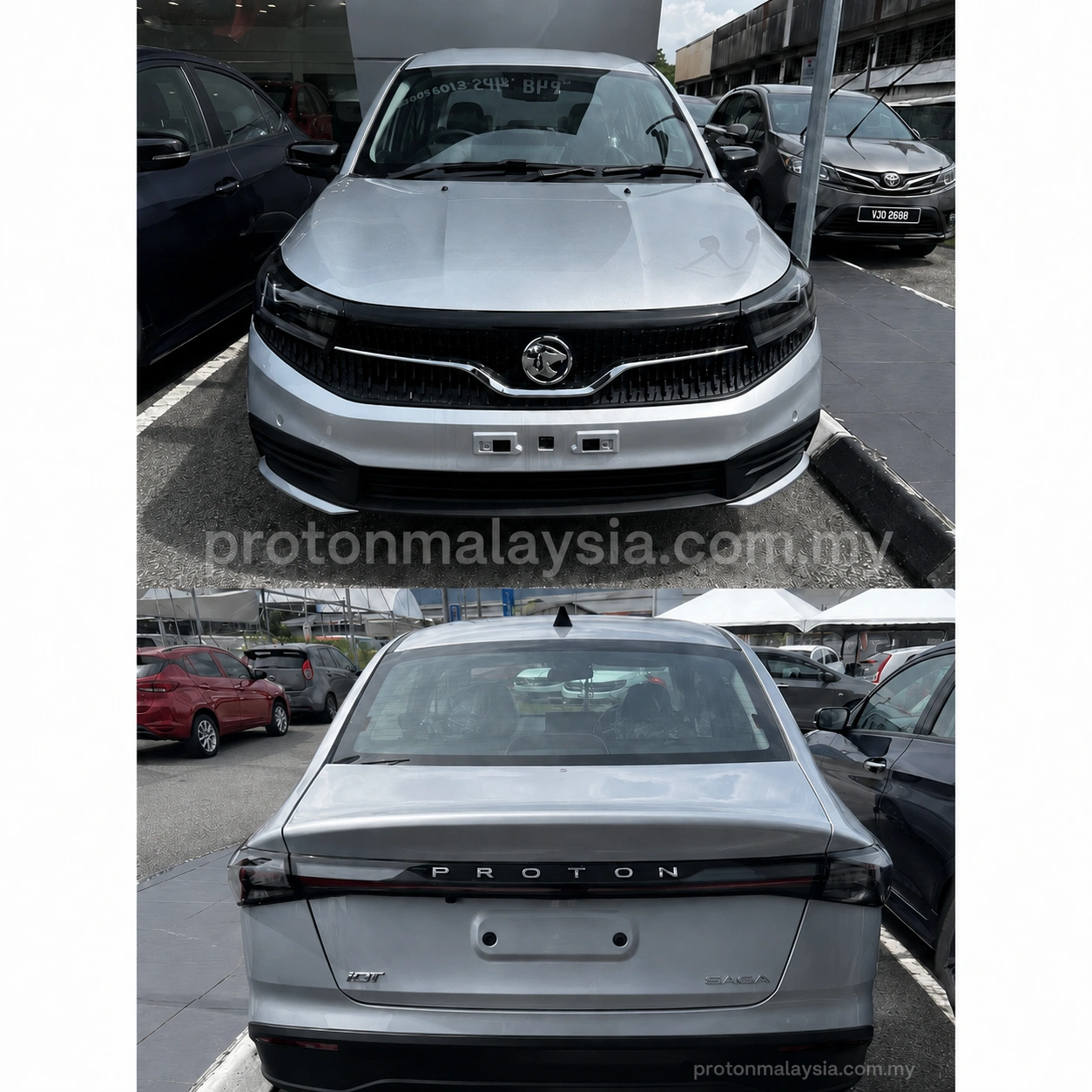 Proton Saga MC3 Armour Silver pandangan hadapan dan belakang di pusat pameran
