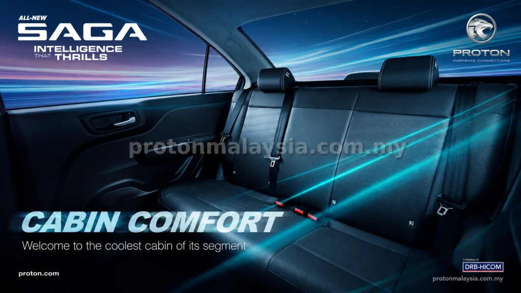 Kabin belakang Proton Saga MC3 dengan tempat duduk letherrate berwarna hitam
