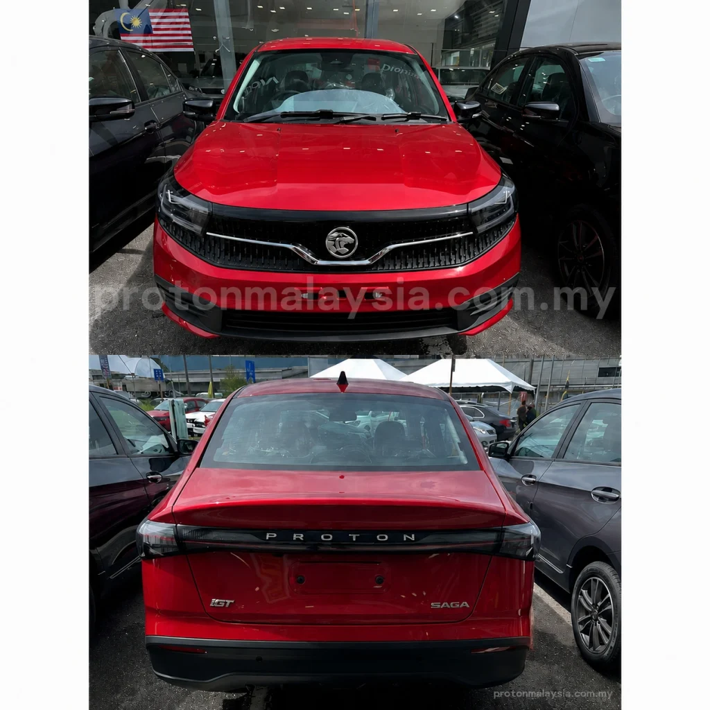 Proton Saga MC3 warna Ruby Red pandangan hadapan dan belakang di pusat pameran